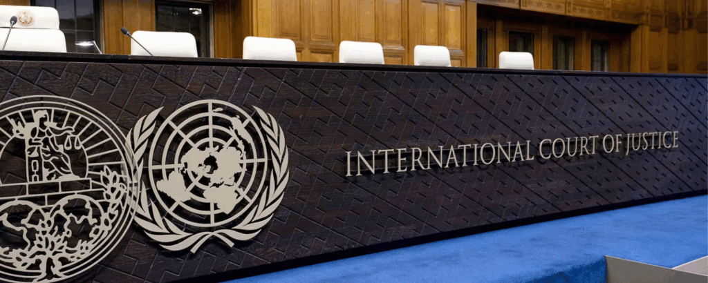 An image of inside the courtroom of the International Court of Justice.