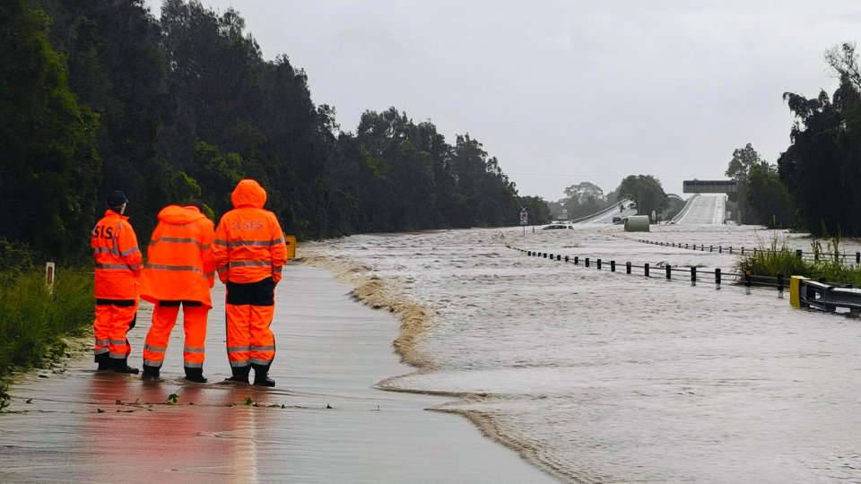 An image of three SES workers looking at a flooded road, in Taree NSW.